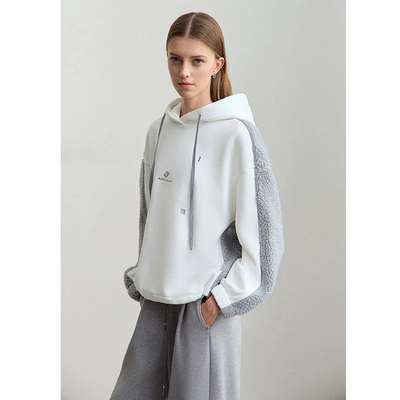Amii Drawstring Hooded Splicing Imitation Lamb Wool Sweatshirt Embroidered 2024 Winter Women's Loose Thermal Tops 12444131