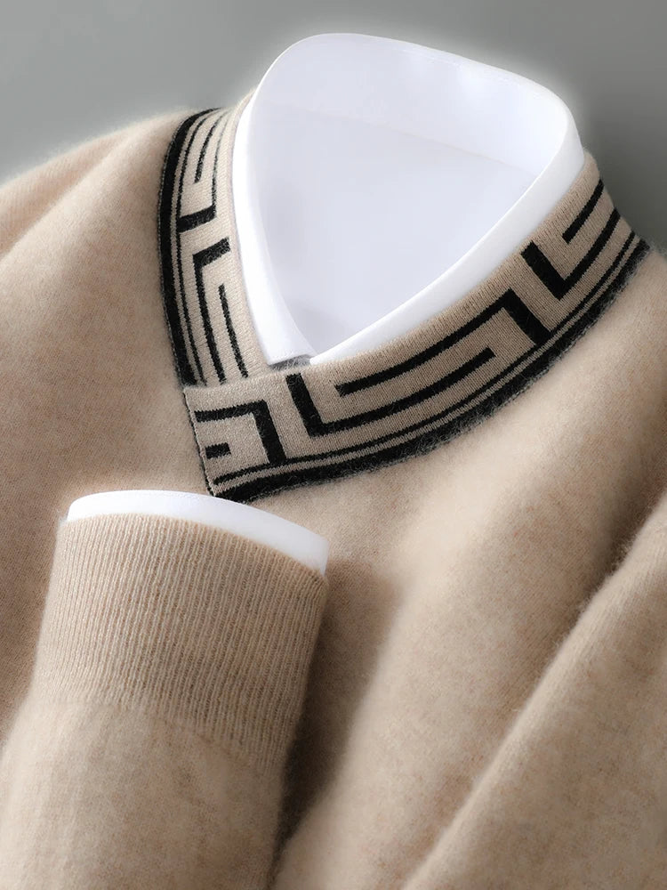 Autumn and winter new men's V-neck 100% pure cashmere sweater thick long sleeve contrast cashmere knitting fashion.