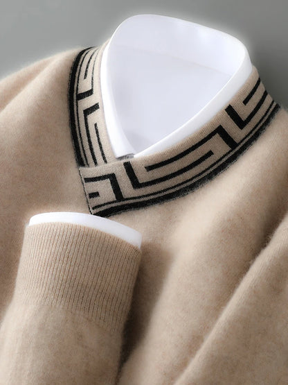 Autumn and winter new men's V-neck 100% pure cashmere sweater thick long sleeve contrast cashmere knitting fashion.