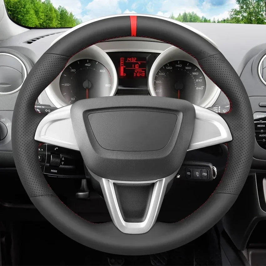 Black Faux Leather Car Steering Wheel Cover for Seat Ibiza (6J) 2008-2015 MII 2013-2020