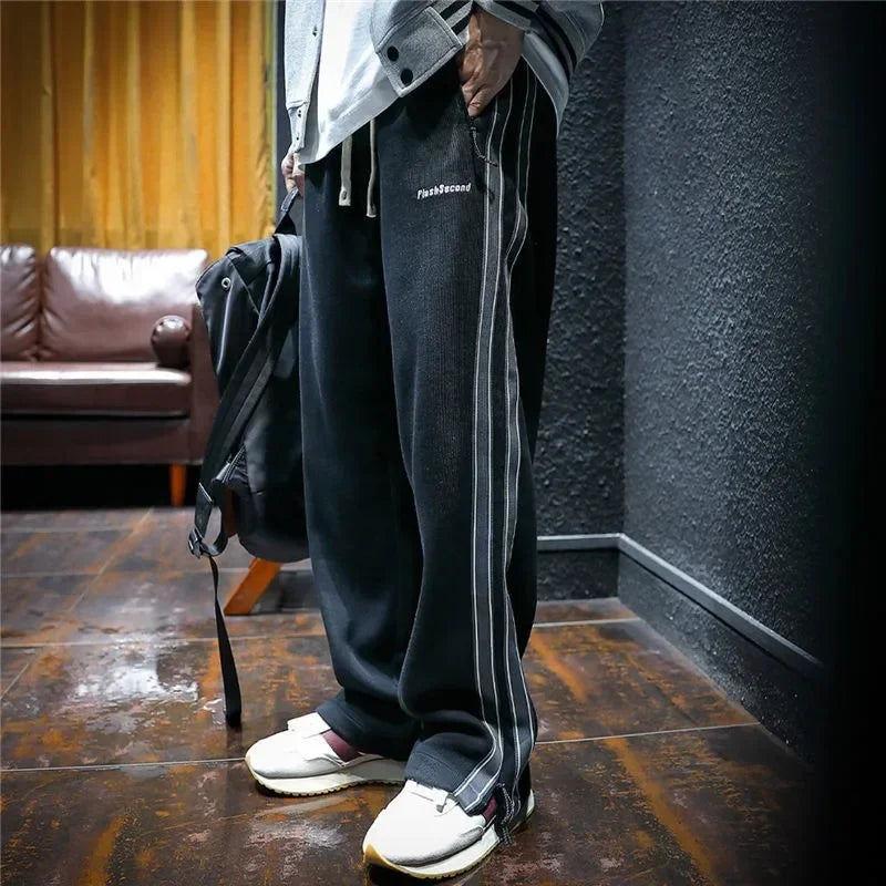 Sweatpants for Men Cotton Trousers Man Sports Pants Autumn and Winter Striped Goth Straight Harajuku Retro Needle Track Big Size