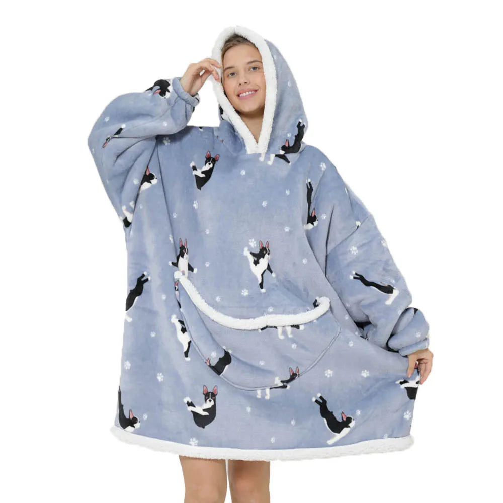 2024 Blue Animal Flannel Blanket with Sleeves Winter Hoodie Sweatshirt Women Men Fleece Giant TV Blanket Oversized for Couples