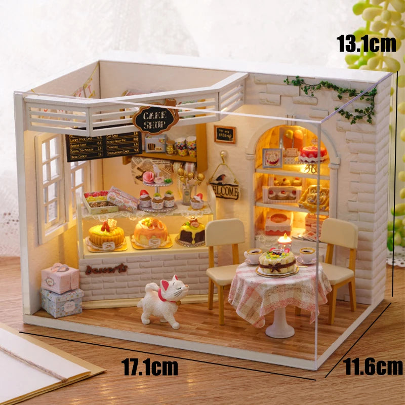 DIY Wooden DollHouse Leisurely Coffee Shop Dollhouses Scene Model Miniature Doll House Wooden Assembly Model Toys For Xmas Gifts