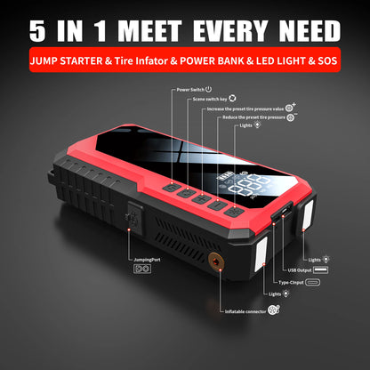 5000A Peak Car Jump Starter with 150PSI Air Compressor Portable Car Battery Booster Pack 12V Auto Starting Device for Gas/Diesel