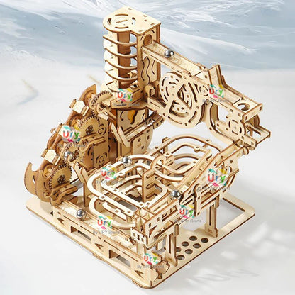 Ury 3D Wooden Puzzles Electric Catapult Track Device Marble Run Set Mechanical Model Science Maze 7 Balls Assembly Gift