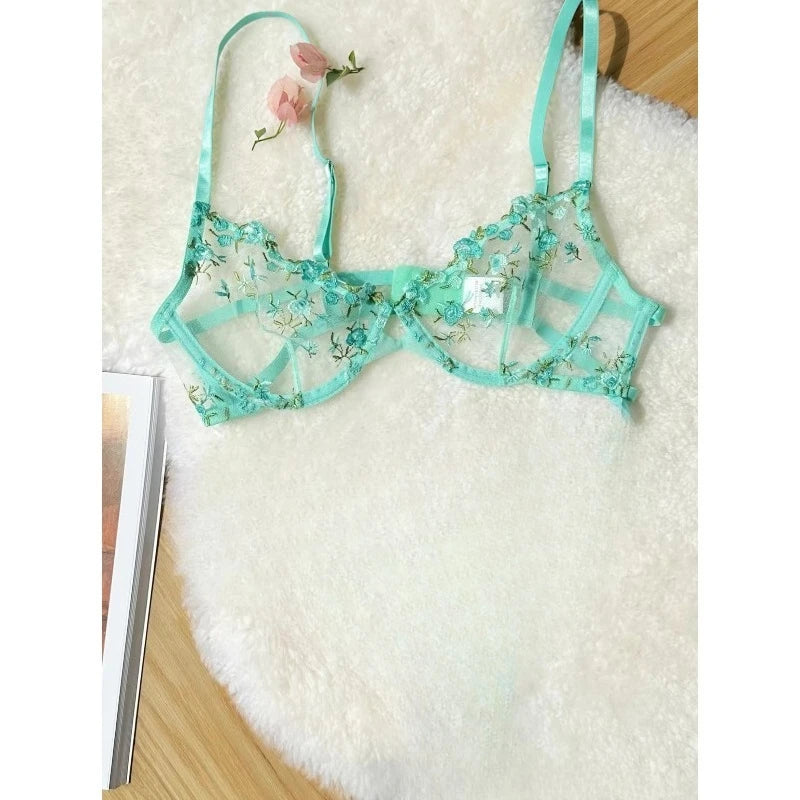 Sexy Floral Embroidery Mesh Bra Set Sweet Sheer Lace Lingerie Soft Comfort Breathable Underwear Suit Party Dating Daily Wear Bra