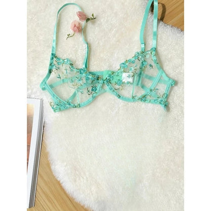 Sexy Floral Embroidery Mesh Bra Set Sweet Sheer Lace Lingerie Soft Comfort Breathable Underwear Suit Party Dating Daily Wear Bra