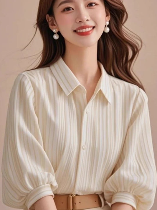 Elegant  Collar Striped Shirt Women's Summer 2025 New Style Lantern Sleeve Commute Top Trendy Loose Fit Seven Sleeve
