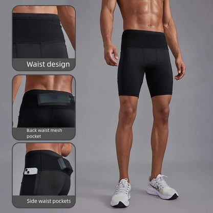 Men's Compression Running Shorts with Pockets Mesh Liner, Tight Athletic Sport Shorts for Marathon Jogging Gym Workout