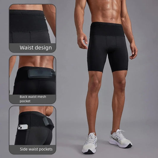 Men's Compression Running Shorts with Pockets Mesh Liner, Tight Athletic Sport Shorts for Marathon Jogging Gym Workout