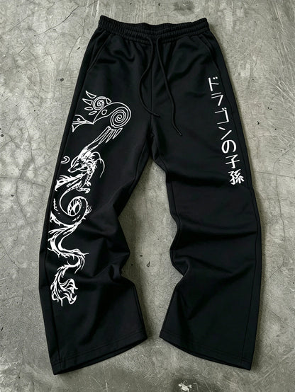 Men's Harajuku Tribal Dragon Vertical Japanese Text Print Wide Leg Sweatpants Drawstring Soft Asian Street Loose Trousers