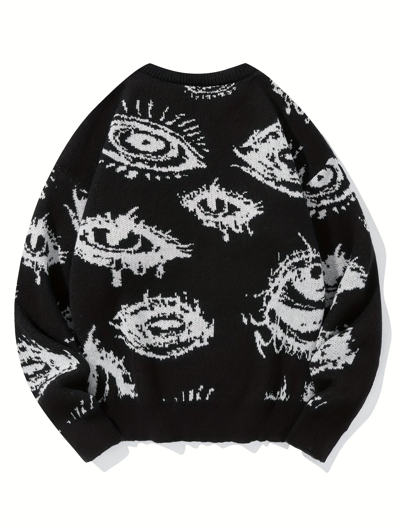 LVLAEA Men's Knit Pullover Shirt, Long Sleeve Jacquard Sweater with Eyes Pattern for Winter Fall Casual & Lounge Wear, Anti-Pill