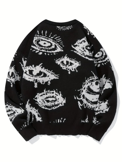 LVLAEA Men's Knit Pullover Shirt, Long Sleeve Jacquard Sweater with Eyes Pattern for Winter Fall Casual & Lounge Wear, Anti-Pill