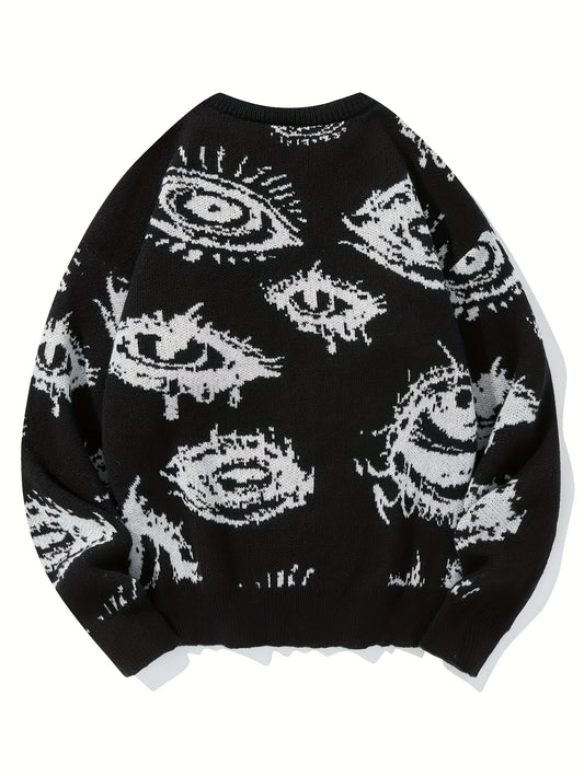 LVLAEA Men's Knit Pullover Shirt, Long Sleeve Jacquard Sweater with Eyes Pattern for Winter Fall Casual & Lounge Wear, Anti-Pill