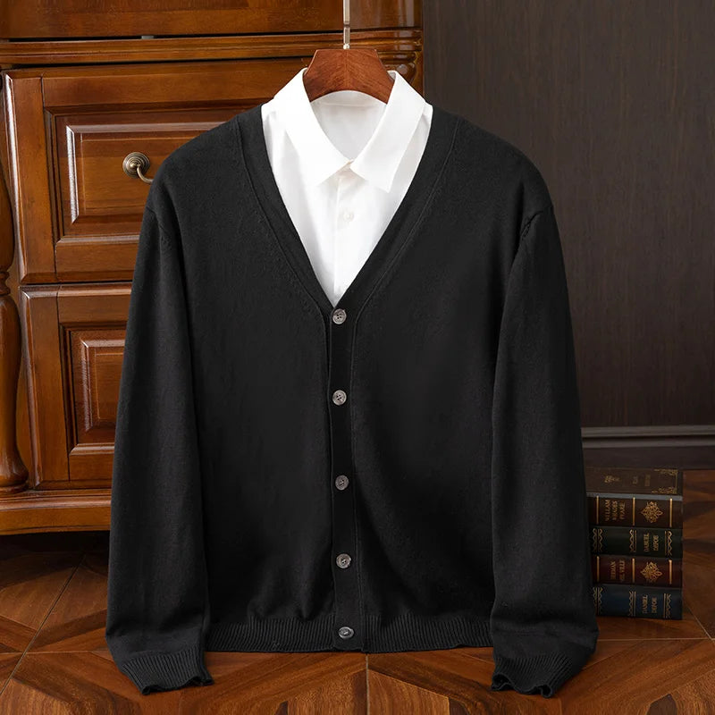 Autumn Winter V-neck Merino Wool Cardigan Men's Cashmere Knitwear Sweater Button Top Casual Basic Business Clothing Tops