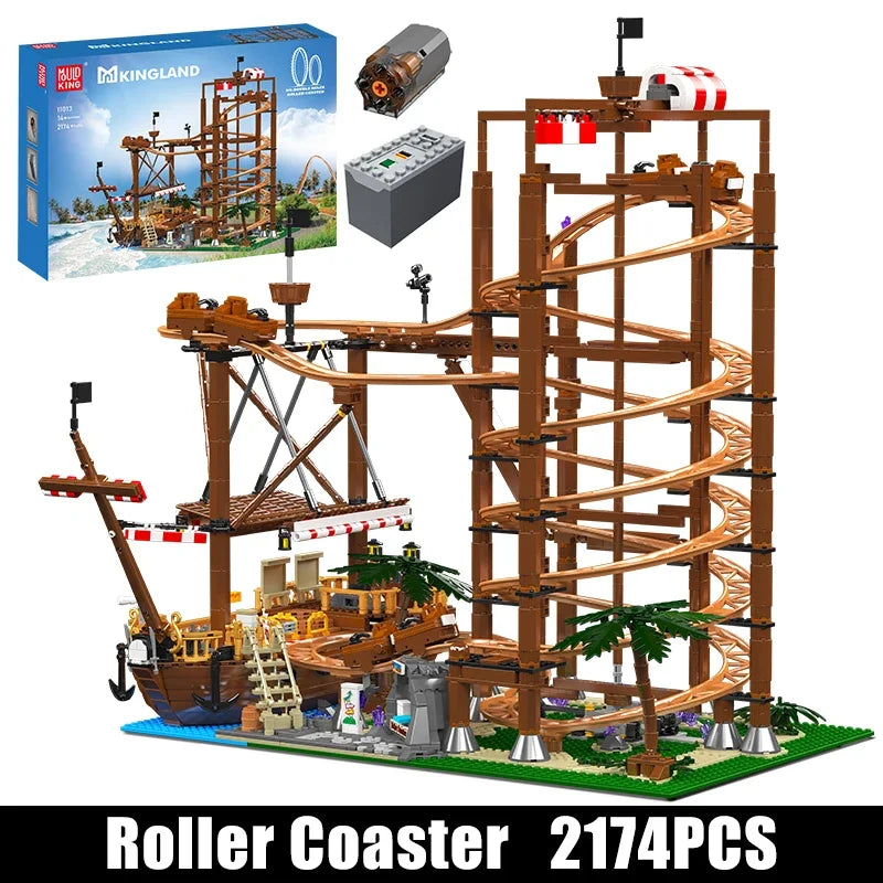 Mould King 11013 Creative Toys The MOC Double Helix Roller Coaster with Pirate Ship Building Block Brick Kids Christmas Gift