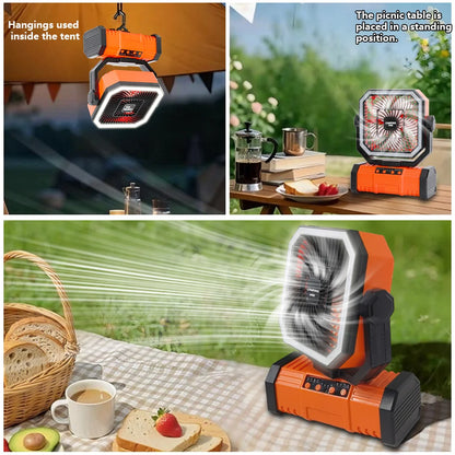 Outdoor Camping Fan 20000mAh Rechargeable Fan  with LED Lantern & Remote for Fishing Travel, 4 Speeds 8H Timer, Hanging Hook