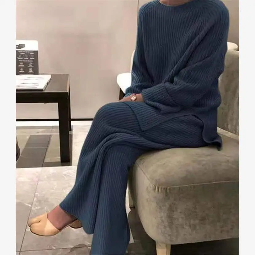 Casual Women's Knitted Sweater Two-Piece Set Cross-Border Fashion Spring Long Sleeve Pants Long Pants Suitable for 18-25 Year...