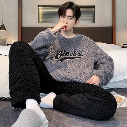 Thickened Warm Sleepwear for Winter Coral Velvet Autumn and Winter Men Flannel Loungewear Large Size 2 Piece Set Homewear