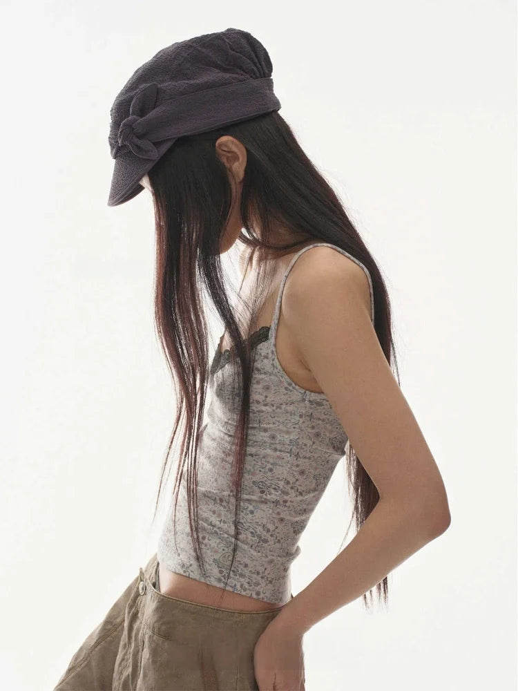 Street Style Sweet Floral Lace Trim Short Strap Vest Top Unique SEI Summer Pure Desire Sexy Floral Print Camisole for Women