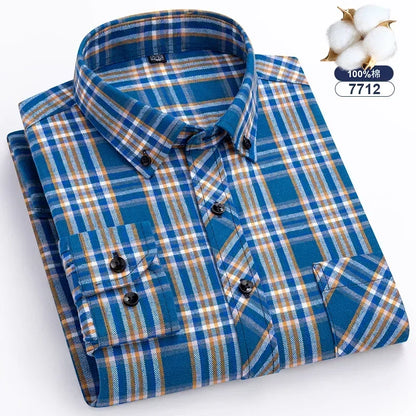 Autumn Winter Plaid Shirts Thick Flannel Shirt Standard-Fit for Men Long Sleeve Pure Cotton  Patch Pocket Design Young