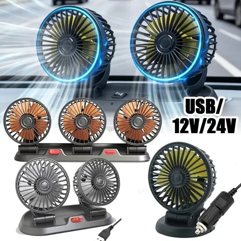 USB/12V/24V Car Fan Summer Air Fan 1/2/3 Head Adjustable 2 Speeds Silent Fan Cooler for Home Desk Office&Car Air Fan