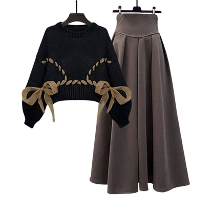 plus Size Winter Outfit 2023 New Style Slimming  Knot Sweater High Waist  Skirt Two Piece Set for plus Size Women