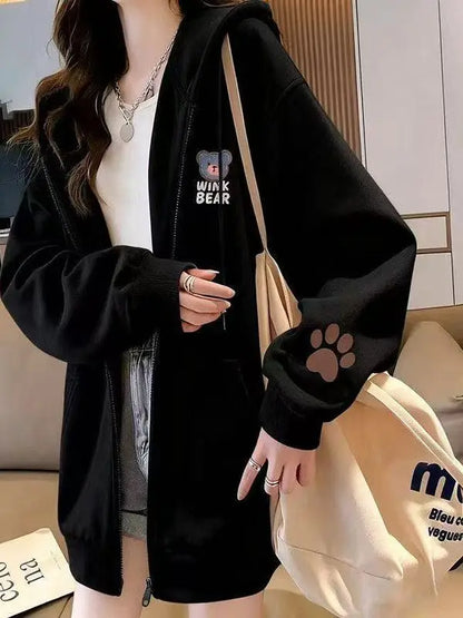 Korean Style Fleece Lined Oversized Hooded Cardigan Women's Autumn Winter Zipper Cartoon Print Top Coat Trendy Streetwear