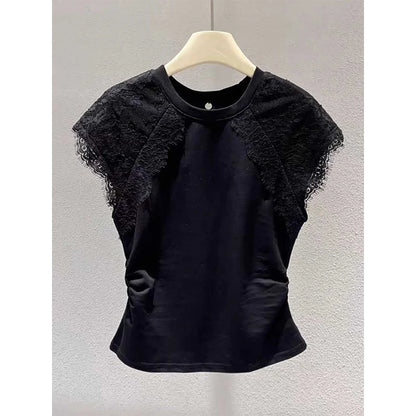 Retro Black Lace Mesh Short Sleeve Top Women Summer Fly Sleeve Short T-Shirt Outlet Store Printed Slim Fit Cotton Polyester