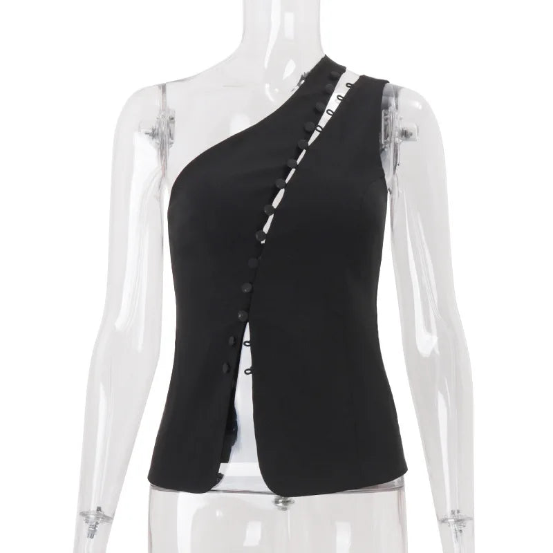 Cryptographic Elegant Asymmetrical Top with Hook and Eye Fashion Sexy Cut Out Backless Split Tops Slim Vest Summer Clothes