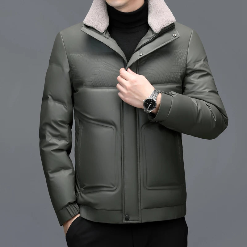 YX-6502 Men's Genuine Leather Down Jacket Winter New Sheepskin Stand Up Collar Leather Jacket Casual Thick Warm Jacket Trend