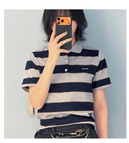 Sweet Cool Girl Spring New Style Miu Style Embroidered Letter Grey Blue Color Block Stripe  Short Sleeve Women's Top