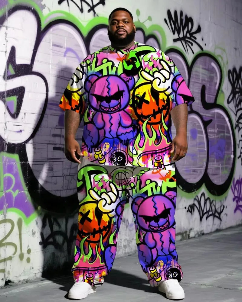 S-9XL Men's Plus Size Hip Hop Short Sleeve T-Shirt and Pants Two-Piece Set