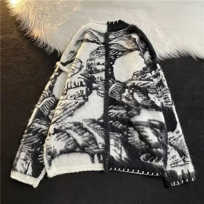 Man Clothes Black Y2k Vintage Tie Dye Knitted Sweaters for Men Cardigan V Neck Aesthetic with Pockets Maletry A Winter 2025 Fun