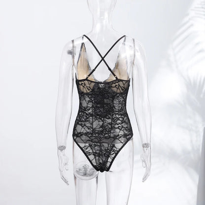 Sexy Women's Bodysuit Halter Lace Deep V-neck Sleeveless   Slim Female Bodysuits 2026 Summer New Fashion Party Chic Lady Top