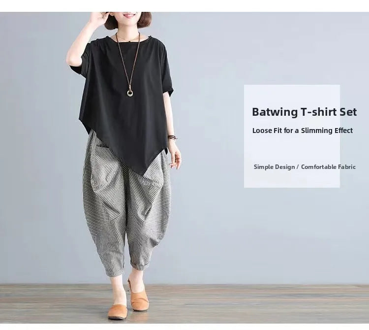 Cotton Blend Loose Fit Casual Women's T-irt And Harlan Pants Set Single Piece Summer Faion Ensemble for plus Size