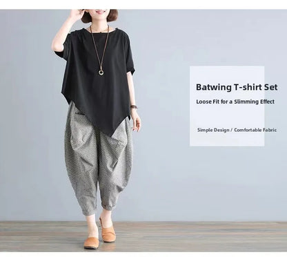Cotton Blend Loose Fit Casual Women's T-irt And Harlan Pants Set Single Piece Summer Faion Ensemble for plus Size