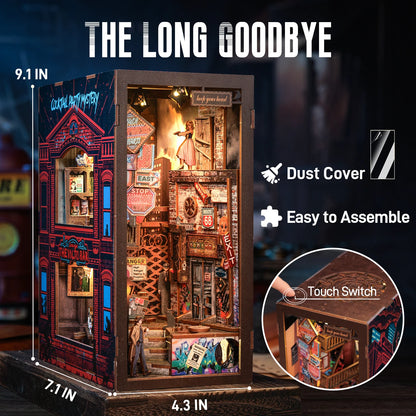 CUTEBEE DIY Book Nook Kit The Long Goodbye Detective Series Miniature Dollhouse with LED Light Dust Cover 3D Wooden Puzzle Books