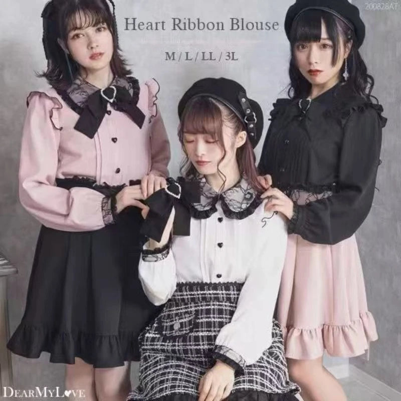 Jirai Kei Lolita Blouse Kawaii Top Women Cute Japanese Style Shirt with Bow Y2K Elegant Long Sleeve Sweet Casual Aesthetic Tops