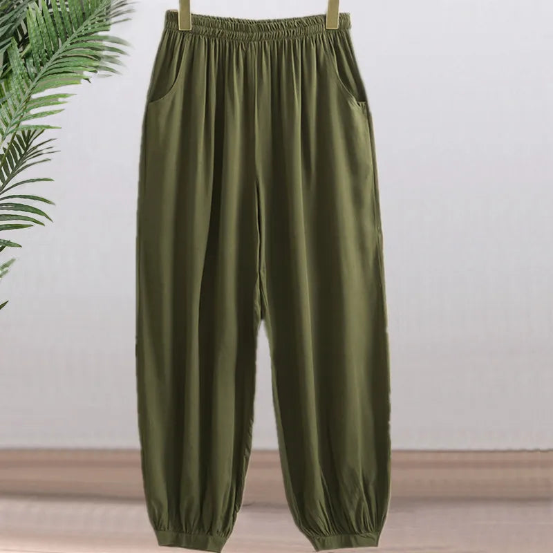 High Waist Lantern Pants Casual Cotton Silk Large Size Printed Long Trousers for Middle-Aged And Elderly Women