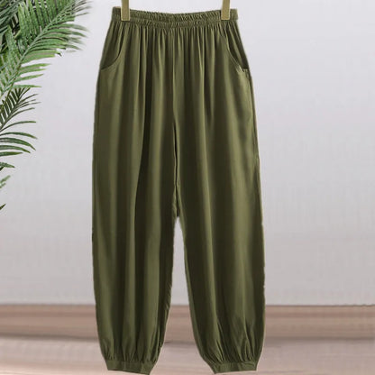 High Waist Lantern Pants Casual Cotton Silk Large Size Printed Long Trousers for Middle-Aged And Elderly Women