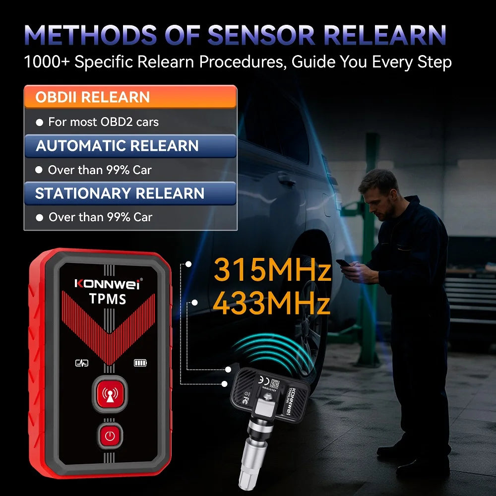 2026 KONNWEI TK100 TPMS Car Tire Pressure Diagnostic Tool Relearn Program 2PCS 315/433Mhz Sensor For ios Android TPMS Programing