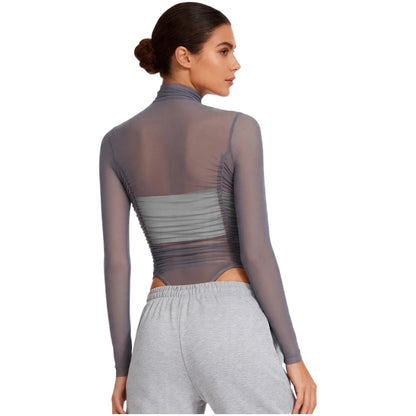 Womens Nightclub Beach Bodysuit Sheer Mesh Side Ruched High Collar Long Sleeve Button Crotch Leotard See Through Cover Up Outfit