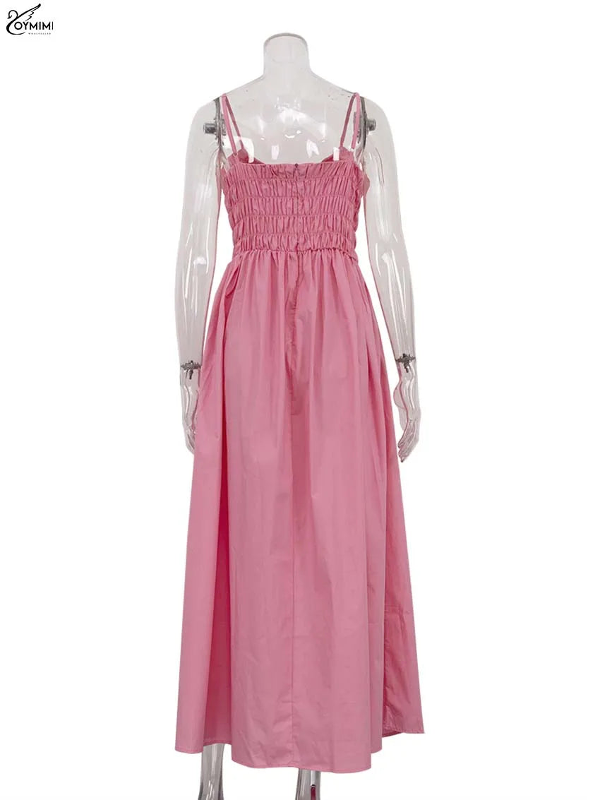 Oymimi Fashion Pink Cotton Women's Dress Elegant Spaghetti Strap Open Back Solid Dresses Casual High Waist Ankle-Length Dresses