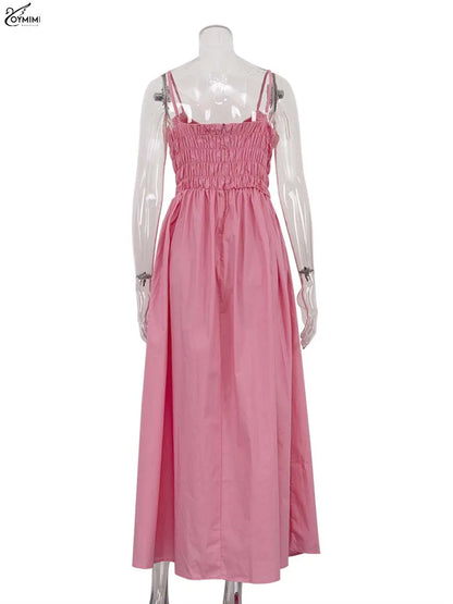 Oymimi Fashion Pink Cotton Women's Dress Elegant Spaghetti Strap Open Back Solid Dresses Casual High Waist Ankle-Length Dresses