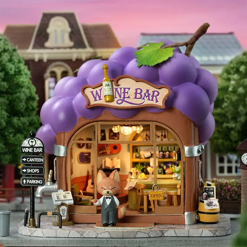 Hot Sale DIY Miniature Grape Wine Bar Dollhouse Kit with LED Light 3D Puzzle Mini House Gift for Friend Home Decor