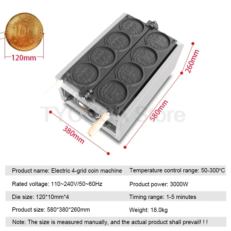 Commercial Gold Coin Bread Maker Electric Waffle 4Pcs Coin Cheese Mini Waffle Mold Baking Machine Coin Shape Waffle Mold 220V