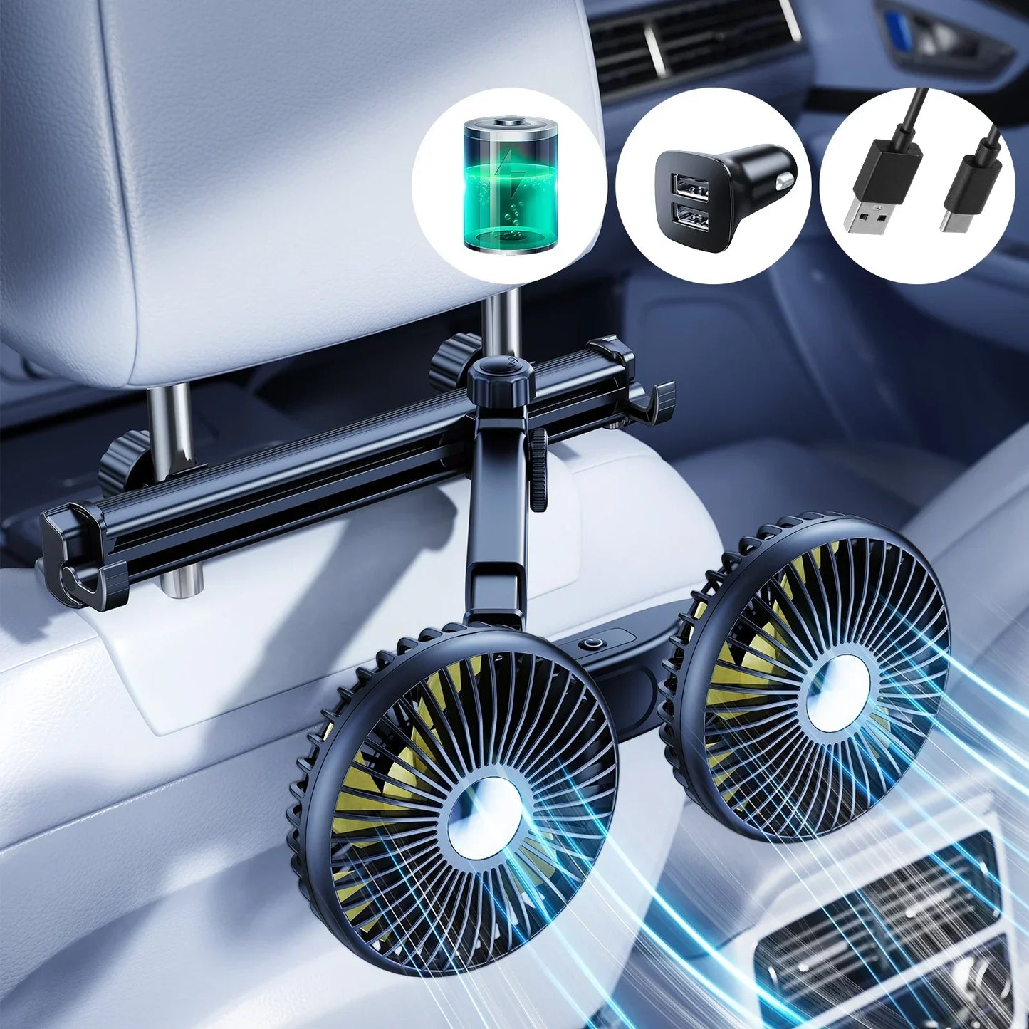Hipacool Battery Dual Head Fan for Car Backseat with Retractable Long Arm USB Rechargeable Car Seat Headrest Cooling Fan