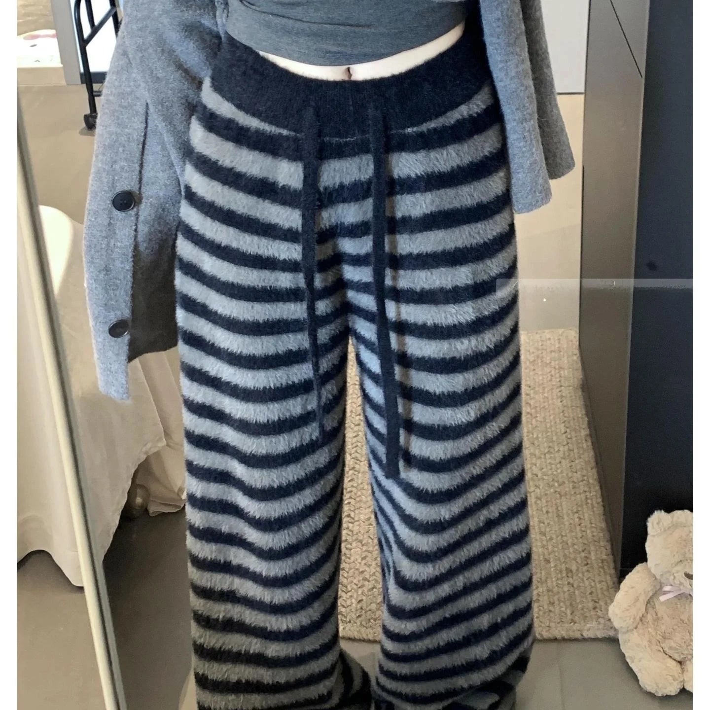 Cozy Coral Fleece Thickened High Waist Wide Leg Pants Women's Winter Home Leisure Trousers Stripe Pattern Soft Plush Sleepwear