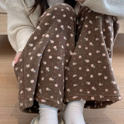 Thickened Fluffy Home Pants Floral Print Loose Fit Warm Winter Leisure Sleepwear for Men And Women Youth Size Comfortable
